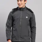 Men Grey Solid Hooded Full Sleeve Jacket