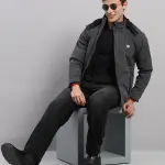 Men Grey Solid Hooded Full Sleeve Jacket
