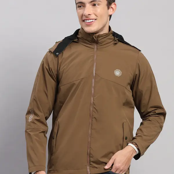 Men Brown Solid Hooded Full Sleeve Jacket