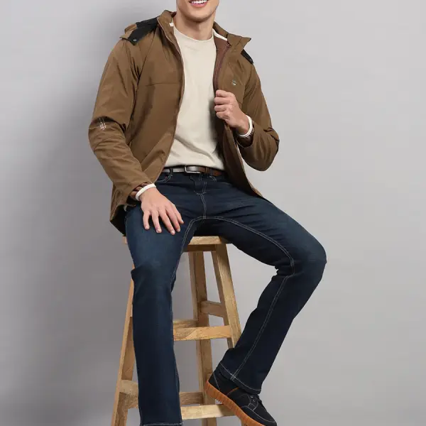 Men Brown Solid Hooded Full Sleeve Jacket