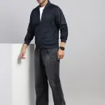 Men Navy Blue Solid Collar Full Sleeve Reversible Jacket