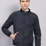 Men Navy Blue Solid Collar Full Sleeve Jacket