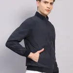 Men Navy Blue Solid Collar Full Sleeve Jacket