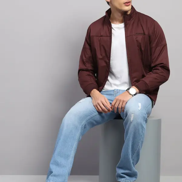 Men Burgundy Solid Collar Full Sleeve Jacket