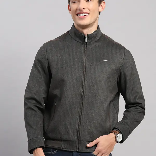 Men Brown Solid Stand Collar Full Sleeve Jacket