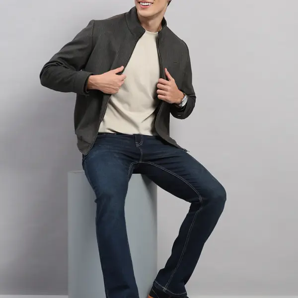 Men Brown Solid Stand Collar Full Sleeve Jacket