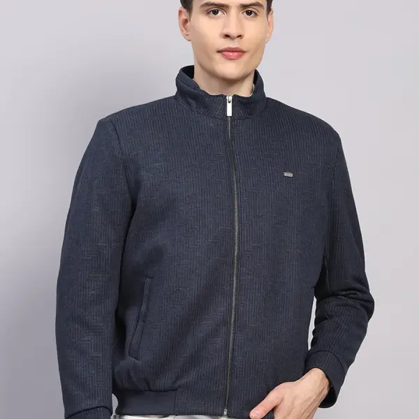 Men Blue Printed Mock Neck Full Sleeve Jacket