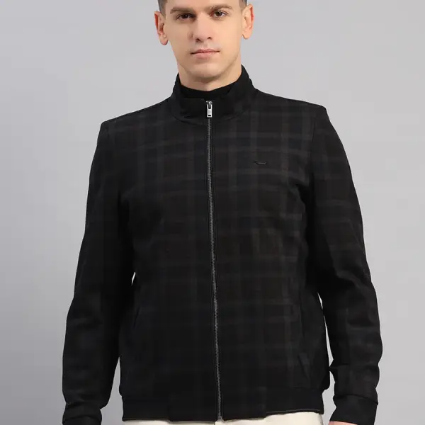 Men Navy Blue Check Mandarin Neck Full Sleeve Jacket