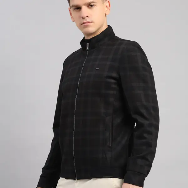 Men Navy Blue Check Mandarin Neck Full Sleeve Jacket