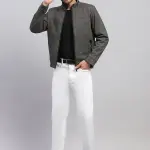 Men Brown Solid Stand Collar Full Sleeve Jacket