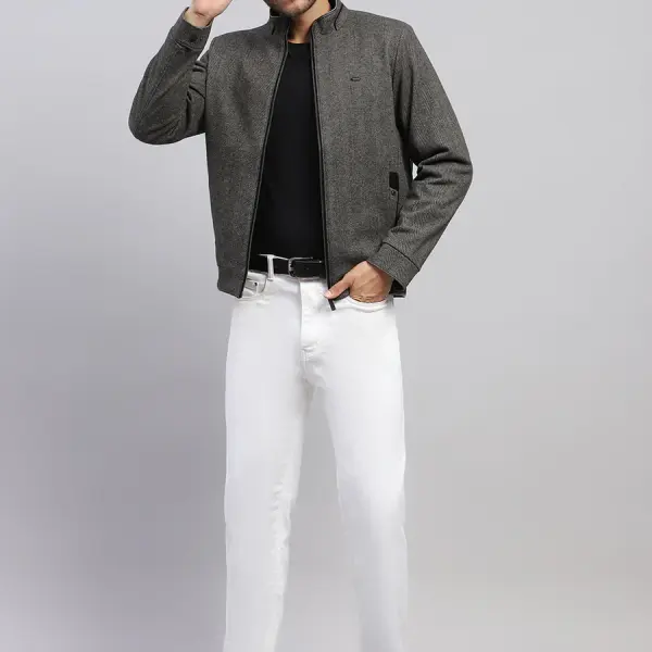 Men Brown Solid Stand Collar Full Sleeve Jacket