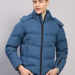 Luxuria Men Blue Solid Hooded Full Sleeve Jacket