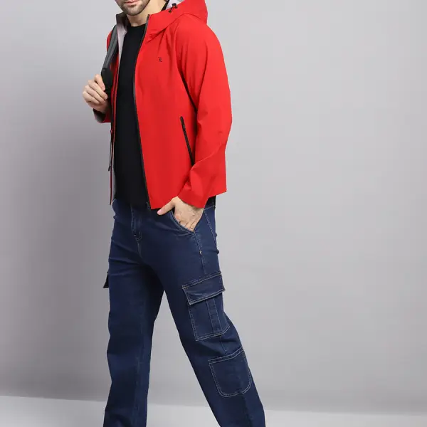 Luxuria Men Red Check Hooded Full Sleeve Reversible Jacke