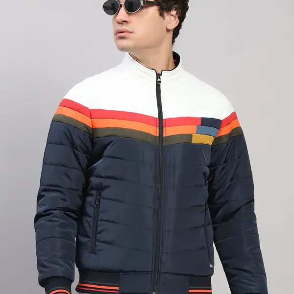 Men Navy Blue Solid Collar Full Sleeve Jacket