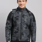 Men Black Printed Hooded Full Sleeve Jacket