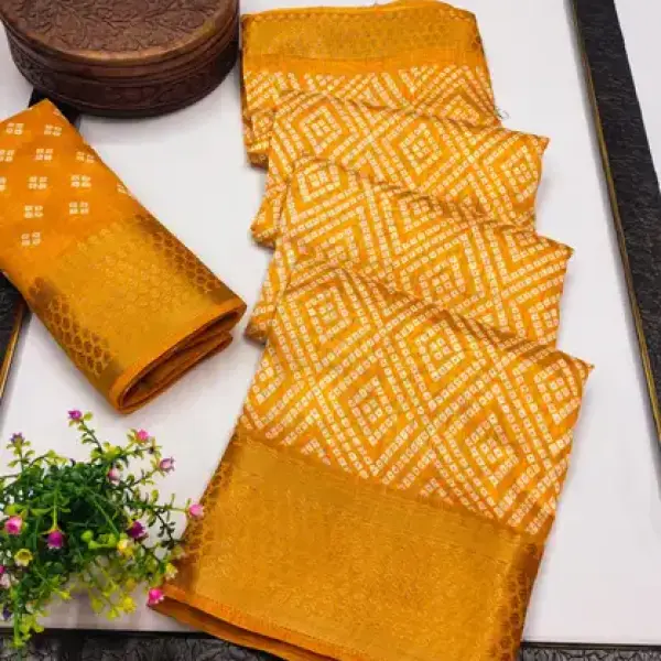Bandhani Cotton Silk Saree (Yellow)