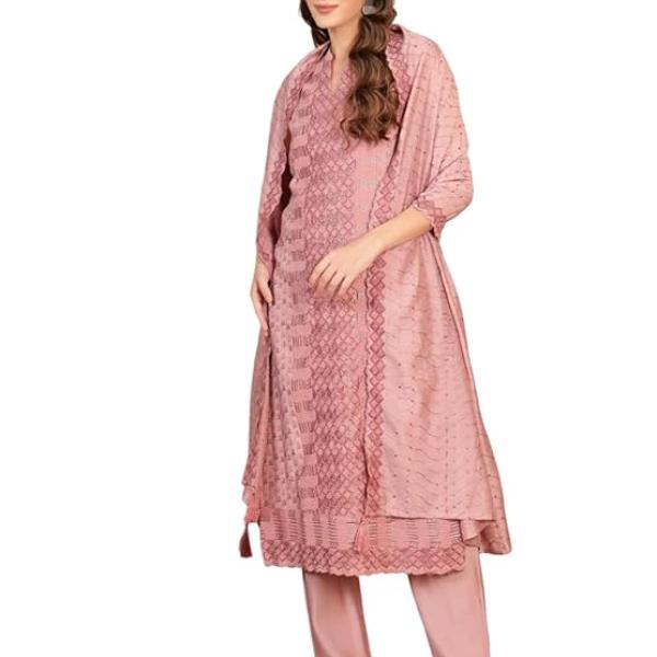 SHOPPING QUEEN Women's Chinnon Embroidered Kurta Set with Dupatta