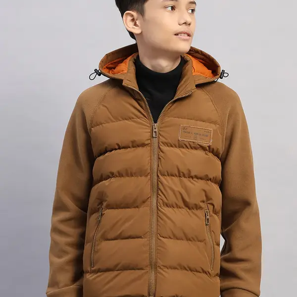 Boys Brown Solid Hooded Full Sleeve Jacket