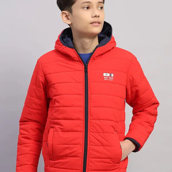 Boys Red Printed Hooded Full Sleeve Jacket