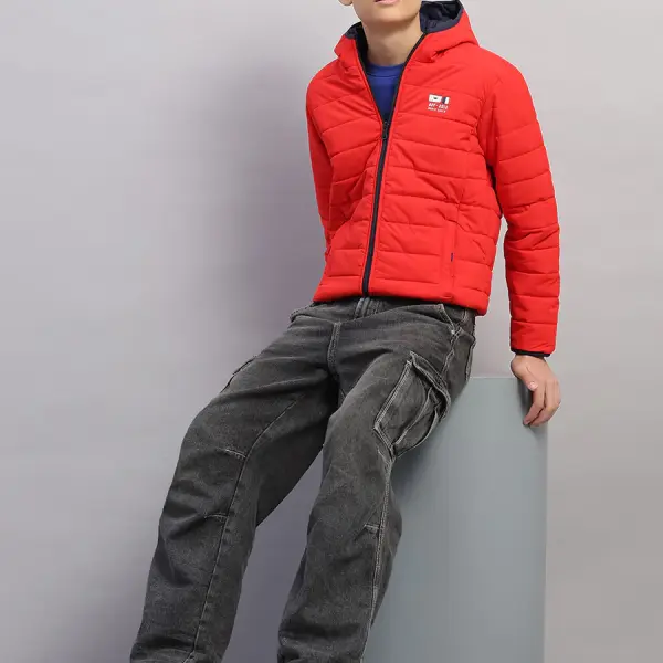 Boys Red Printed Hooded Full Sleeve Jacket