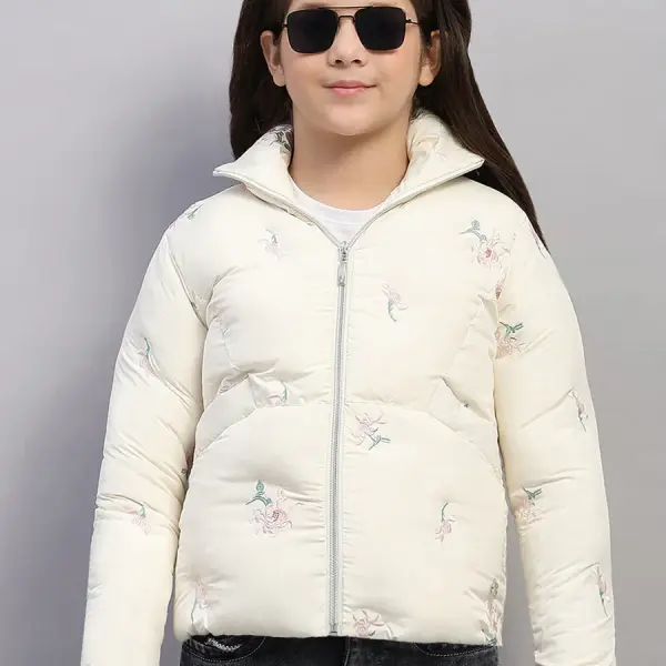 Girls Off White Embroidered Collar Full Sleeve Jacket