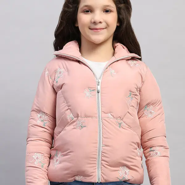 Girls Peach Embroidered Collar Full Sleeve Jacket