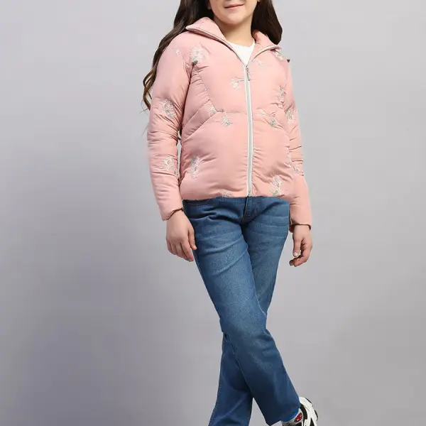 Girls Peach Embroidered Collar Full Sleeve Jacket