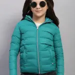 Girls Green Solid Hooded Full Sleeve Reversible Jacket