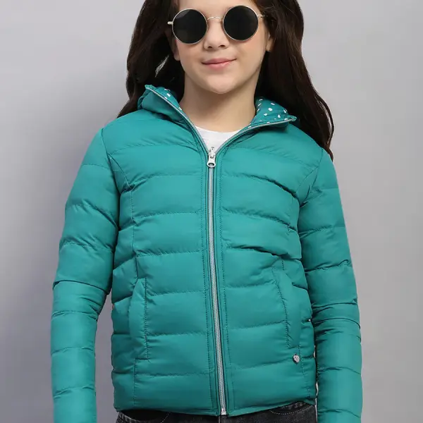 Girls Green Solid Hooded Full Sleeve Reversible Jacket