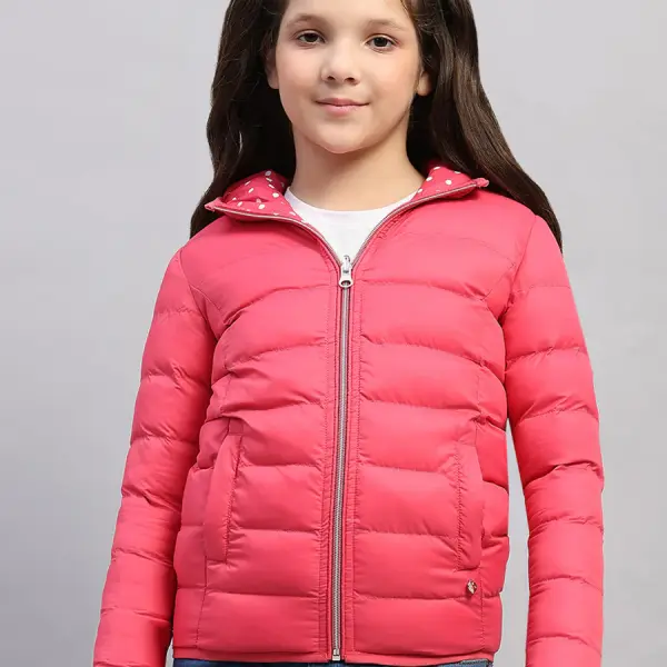 Girls Pink Solid Hooded Full Sleeve Reversible Jacket