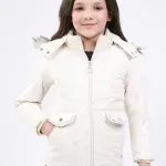 Girls Beige Printed Hooded Full Sleeve Jacket