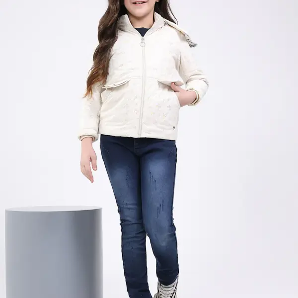 Girls Beige Printed Hooded Full Sleeve Jacket