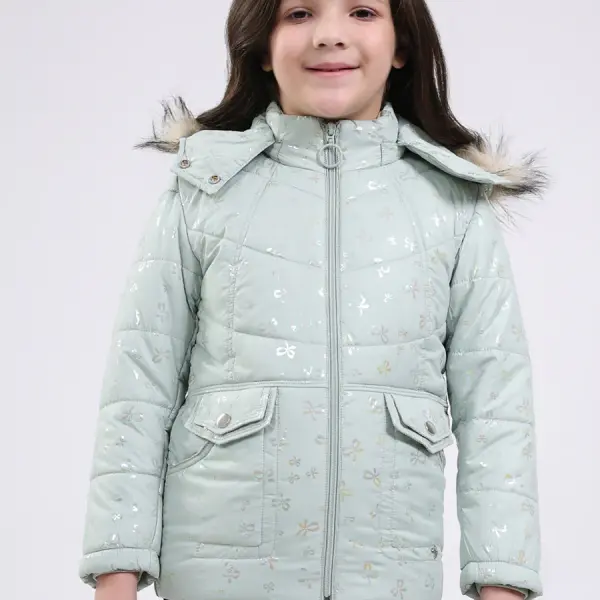 Girls Green Printed Hooded Full Sleeve Jacket