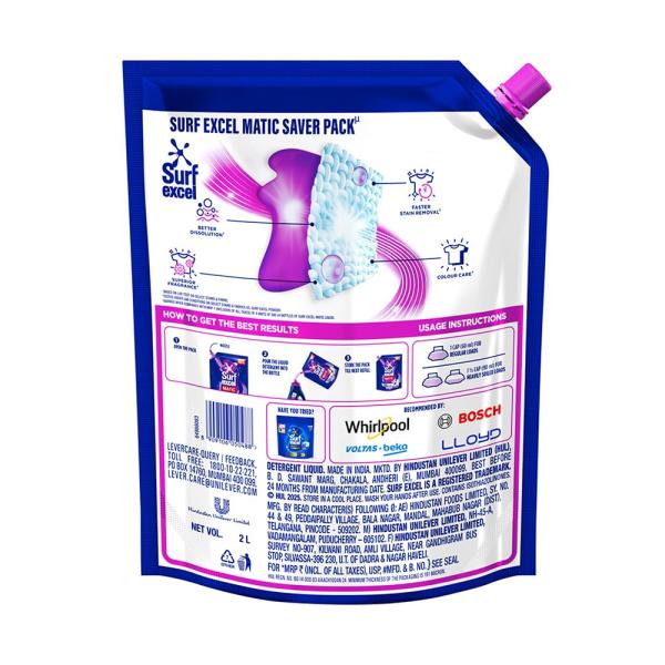 Surf Excel Matic Front Load Liquid Detergent 2 L Refill|| Specially designed to remove Tough Dried Stains, 1st time in Washing Machine