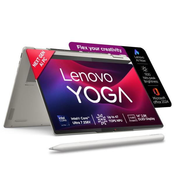 Lenovo Yoga 7 2-in-1 Intel Core Ultra 7 258V,Copilot+ AI PC(32GB RAM/1TB SSD/14(35.5cm) WQXGA+ OLED/47 Tops/Win 11/Office Home 2024/Yoga Pen/1Year ADP/Seashell/1.38Kg)