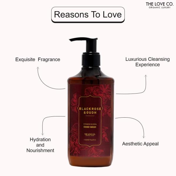 The Love Co. Black Rose & Oud Hand Wash - Infused, Moisturizing & Soothing - Gentle Cleanser for Soft, Hydrated Hands - Ideal for Sensitive Skin - 250ml