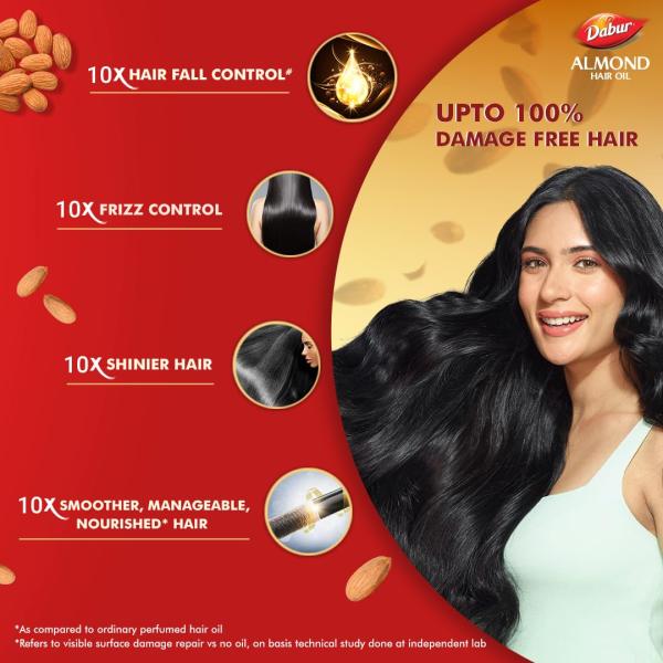 Dabur Almond Hair Oil - 580ml(290ml*2) | Provides Damage Protection | Non Sticky Formula | For Soft & Shiny Hair | With Almonds, Keratin Protein, Soya Protein & 10X Vitamin E