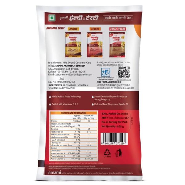 Emami Healthy and Tasty Strong Kachchi Ghani Mustard Oil Pouch, 825 G.