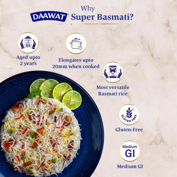 Daawat Super Basmati Rice 1Kg| Fluffy Long Grains| Cooked upto 20mm*| Super Value Pack 20% Extra