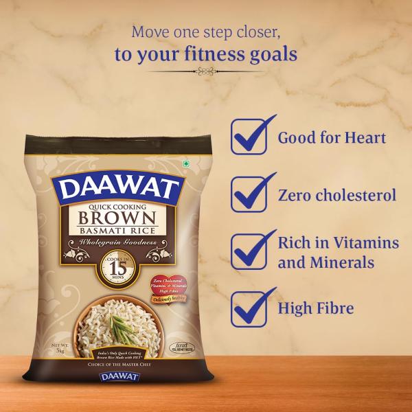 Daawat Brown, Cooks in 15-minute, Full Bran Intact, Fibre-Rich Basmati Rice, 5 Kg