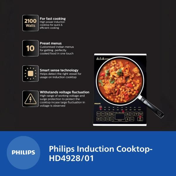 Philips Viva Collection Hd4938/01 2100-Watt Glass Induction Cooktop With Sensor Touch & Full Crystal Glass (Black)
