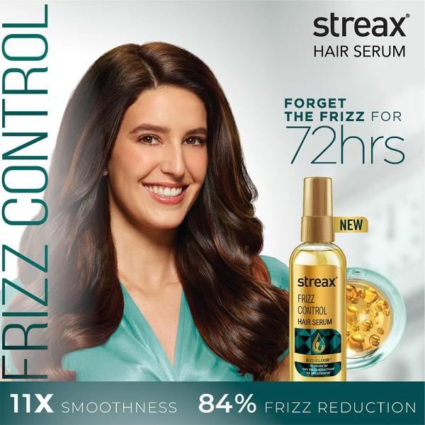 Streax Frizz Control Hair Serum for Dry Frizzy Hair- 100 ml, 72hrs Frizz Free Hair, For Women & Men, With Bio – Elixir, 84% Frizz Reduction & 11X smoothness