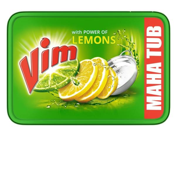 Vim Dishwash Bar Lemon Tub, With Power Of 100 Lemon, Fastest On Burnt Food Stains, Comes With A Sturdy Re-Usable Box And Free Scrubber, 500 g