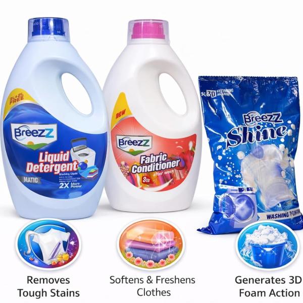 GROCERY Breezz Laundry Combo Pack, Liquid Detergent Matic, Fabric Conditioner After Wash, Shine Washing Powder, 3D Foam Action, Removes Tough Stains, Softens Clothes, 3 Items
