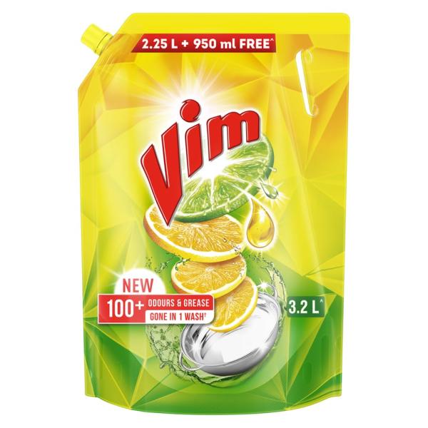Vim Dishwash Liquid 3.2L pouch | Removes 100+ Odours & Grease in 1 wash