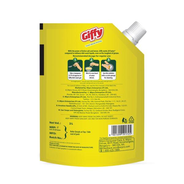 Giffy Liquid Dishwash Gel 2 Litre | Lemon and Active Salt |