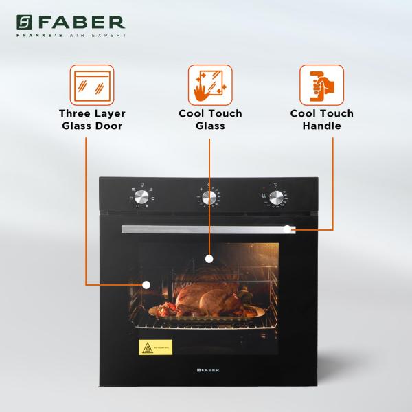 Faber 80L Built-In Black Finish Oven Push/Pull Knob Control with Digital Display 6 Cooking Functions with Rotisserie Grill Rack Universal Pan Free 1 Year Extended warranty