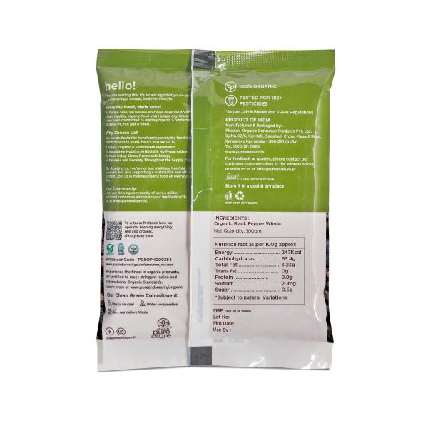 Pure & Sure Organic Black Pepper Whole 100gm | 100% Natural Sabut Kali Mirch