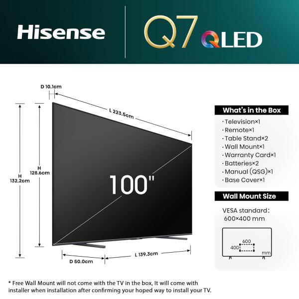 Hisense 254 cm (100 inches) Q7N Series 4K Ultra HD Smart QLED TV 100Q7N (Dark Grey)