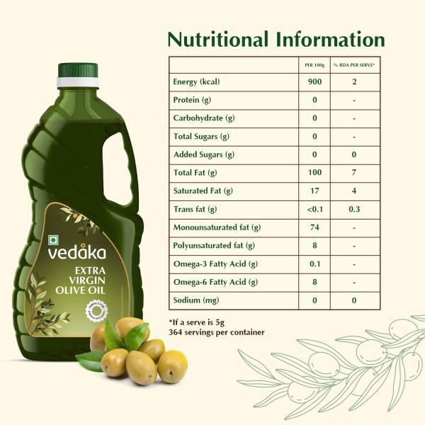 Vedaka Extra Virgin Olive Oil | 2L | Ideal For low heat cooking like Sauteing, Grilling & Salad Dressing